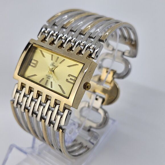 Geneva Watch Women 40MM Gold Dial Gold Gray Tone Bracelet Band 7.5" New Battery - Picture 2 of 15